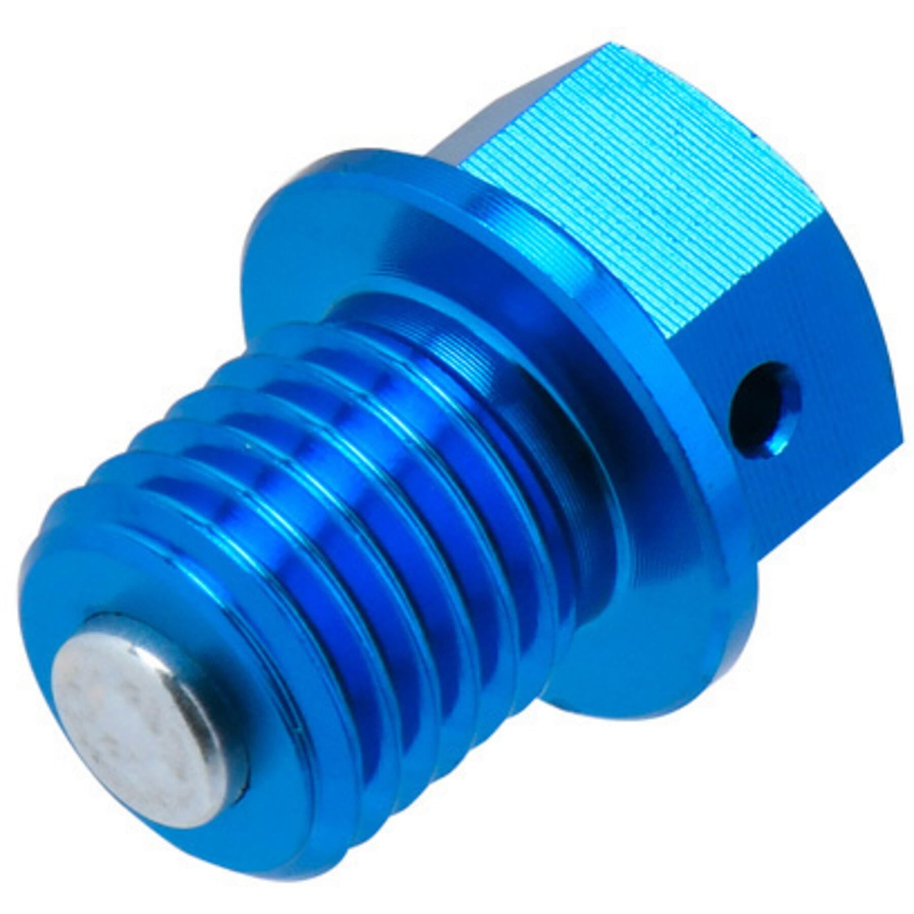 Magnetic drain bolt M12x12-P1.5 in blue color, designed for secure drainage and protection against metal debris.