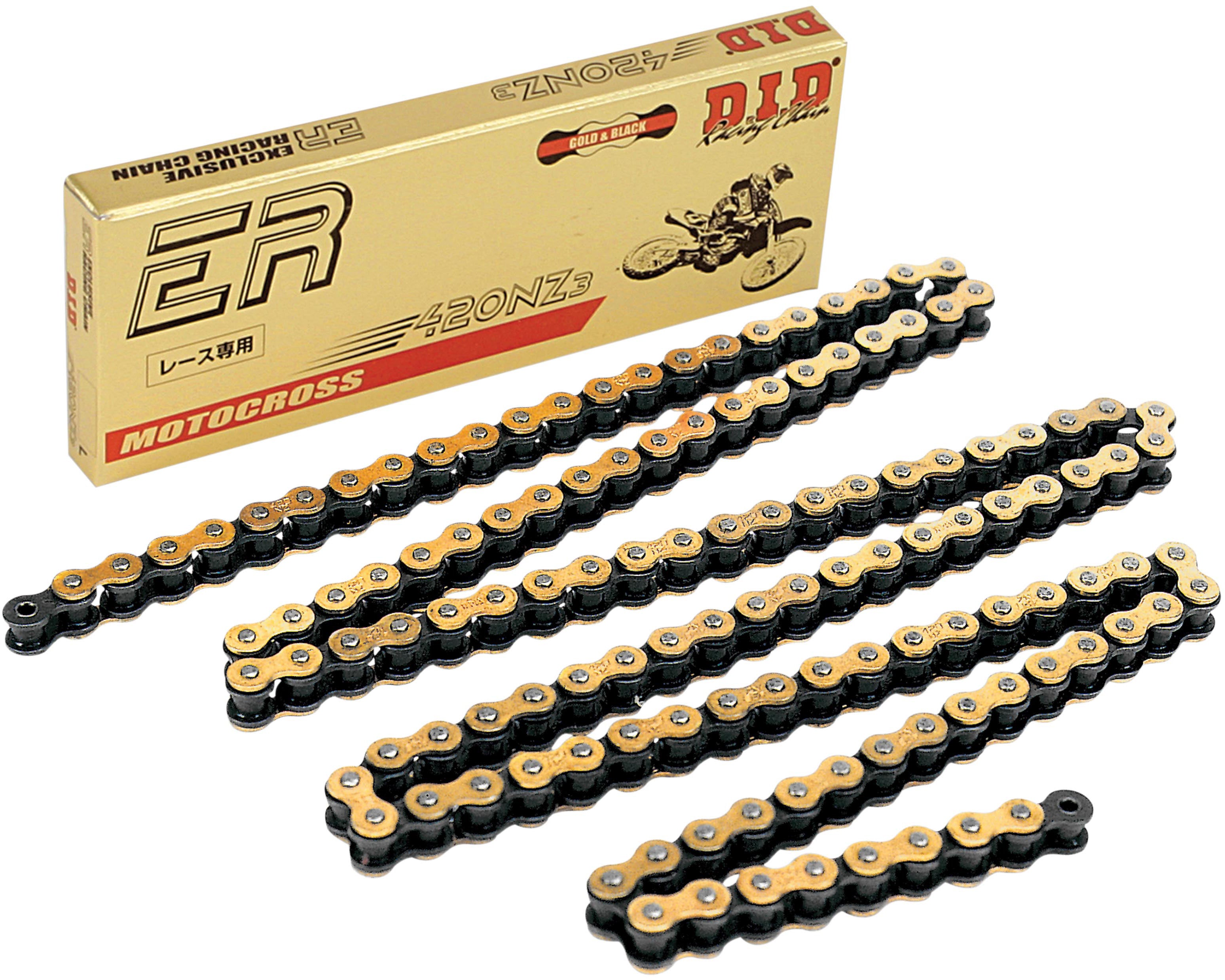Gold and Black 420 NZ3 Motorcycle Chain with 134 Links on White Background
