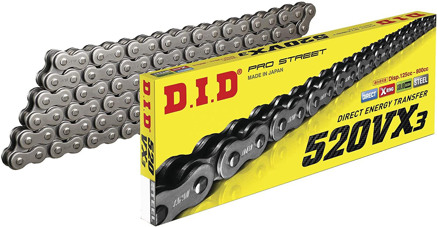 520 VX3 Gold and Black Chain with 120 links displaying a sleek design and durable construction, perfect for high-performance motorcycles.