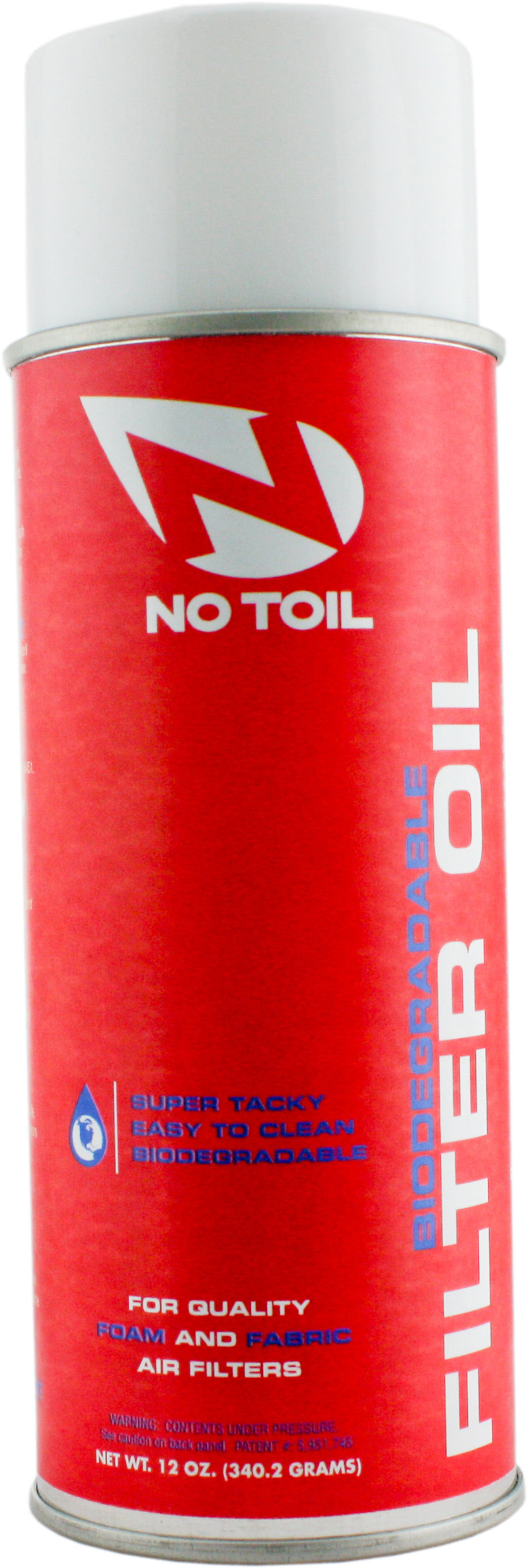No-Toil Filter Oil Aerosol 12oz can with a green label and spray nozzle, designed for cleaning and maintaining air filters in motorsports.