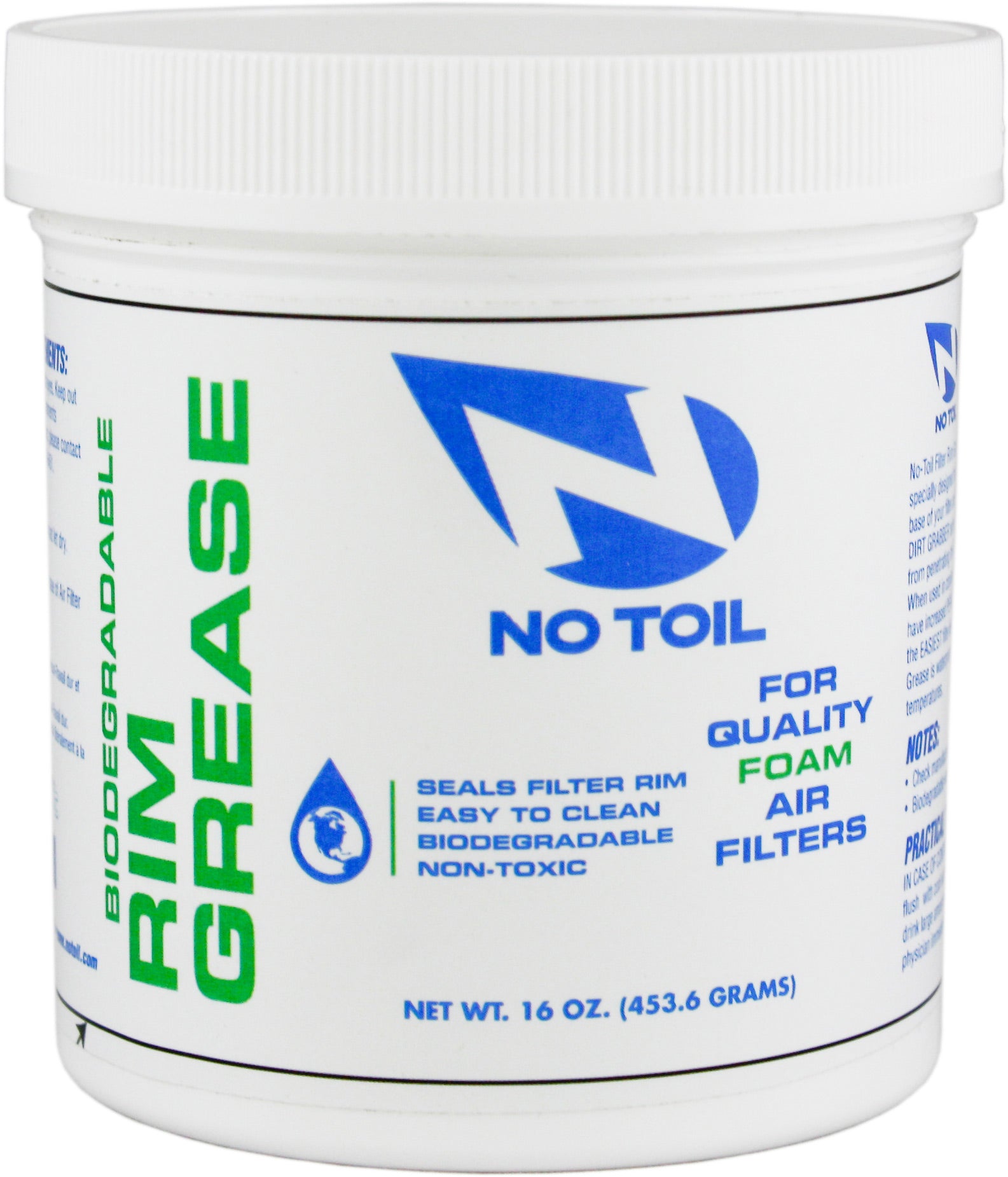 NoToil Rim grease tub 16 oz with a black and green label on a white background.