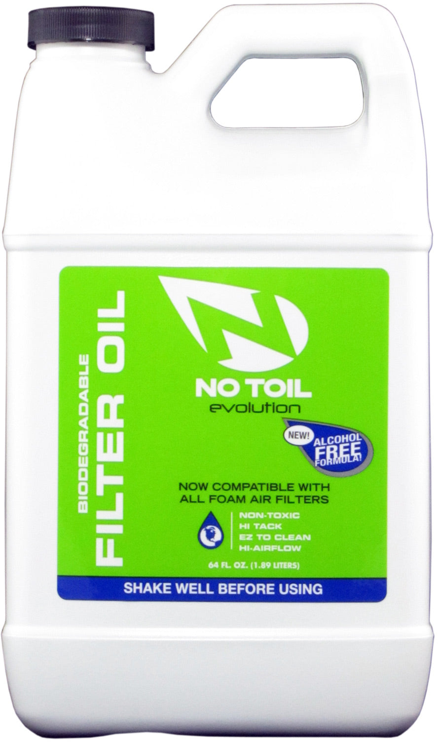 No Toil Evo Air filter oil 1 / 2 gallon bottle with vibrant packaging on a white background.