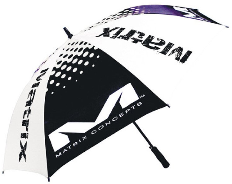 Black and white striped umbrella closed, with a sleek handle.