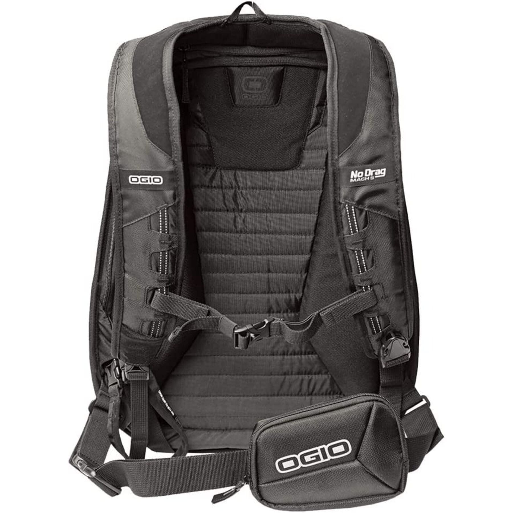 No Drag Mach 5 Motorcycle Backpack in sleek black design, featuring aerodynamically shaped profile and adjustable straps, perfect for bikers.