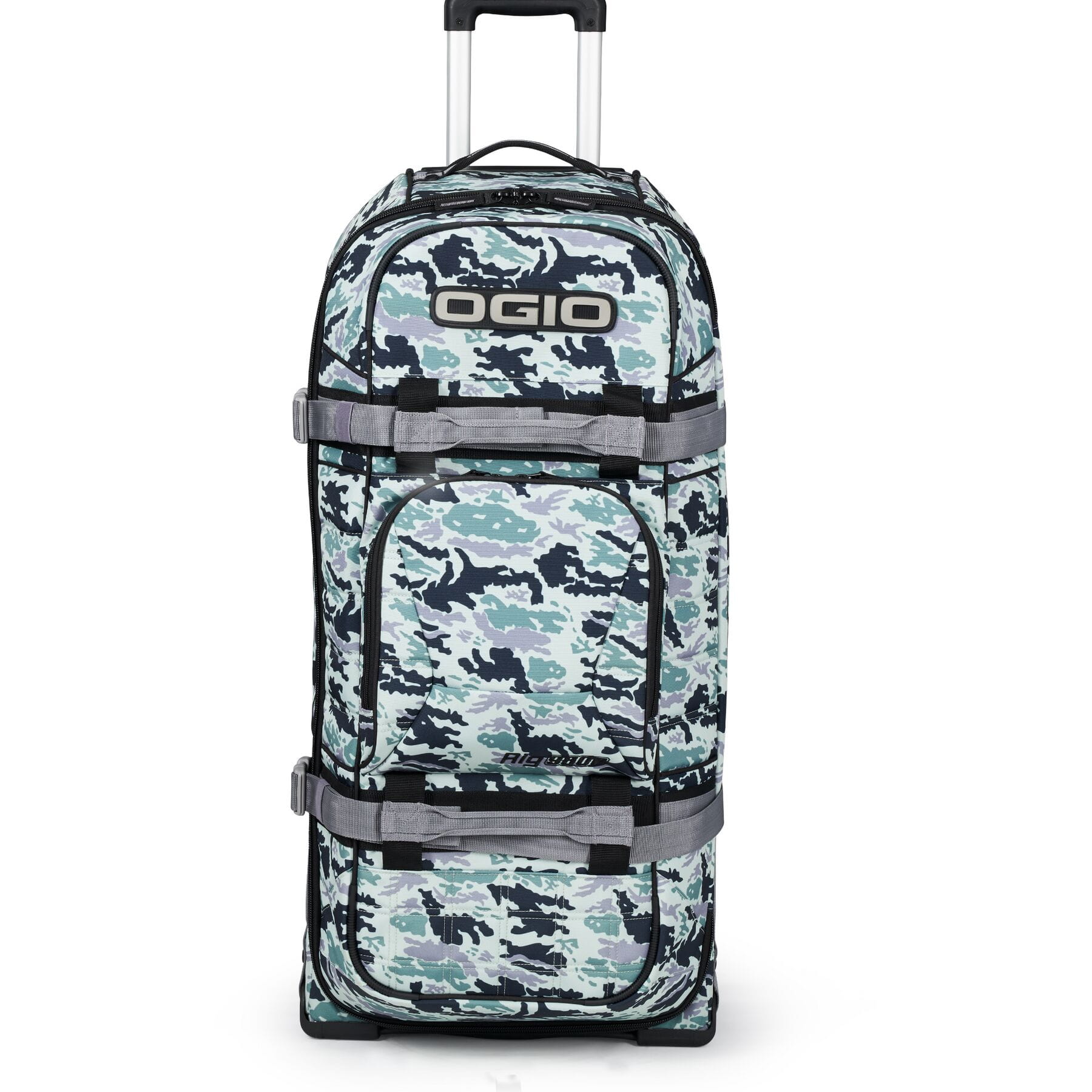 Rig 9800 wheeled gear bag featuring Double Camo design, showcasing its compartments and durability.