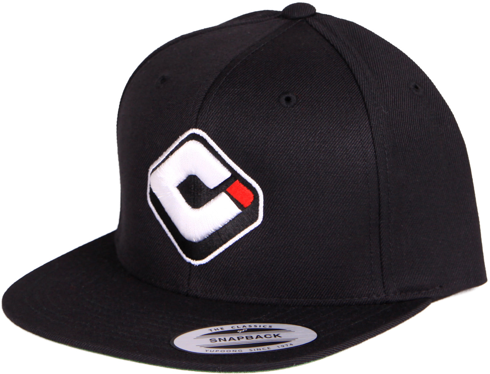 Black snap back hat displayed on a neutral background.