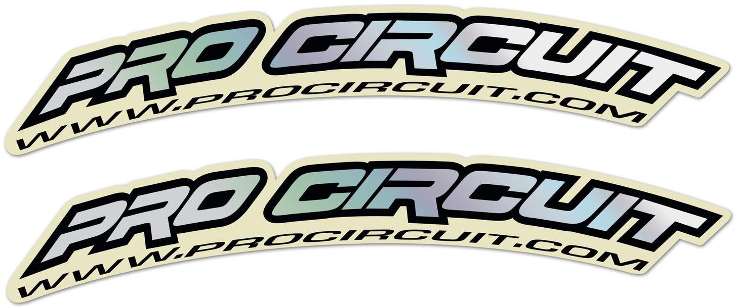 PROCIRCUIT.COM Fender decals in hologram finish, showcasing vibrant colors and intricate design.