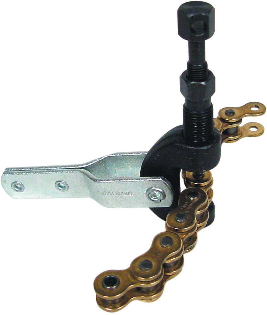 Chain breaker tool for repairing bicycle chains on a white background