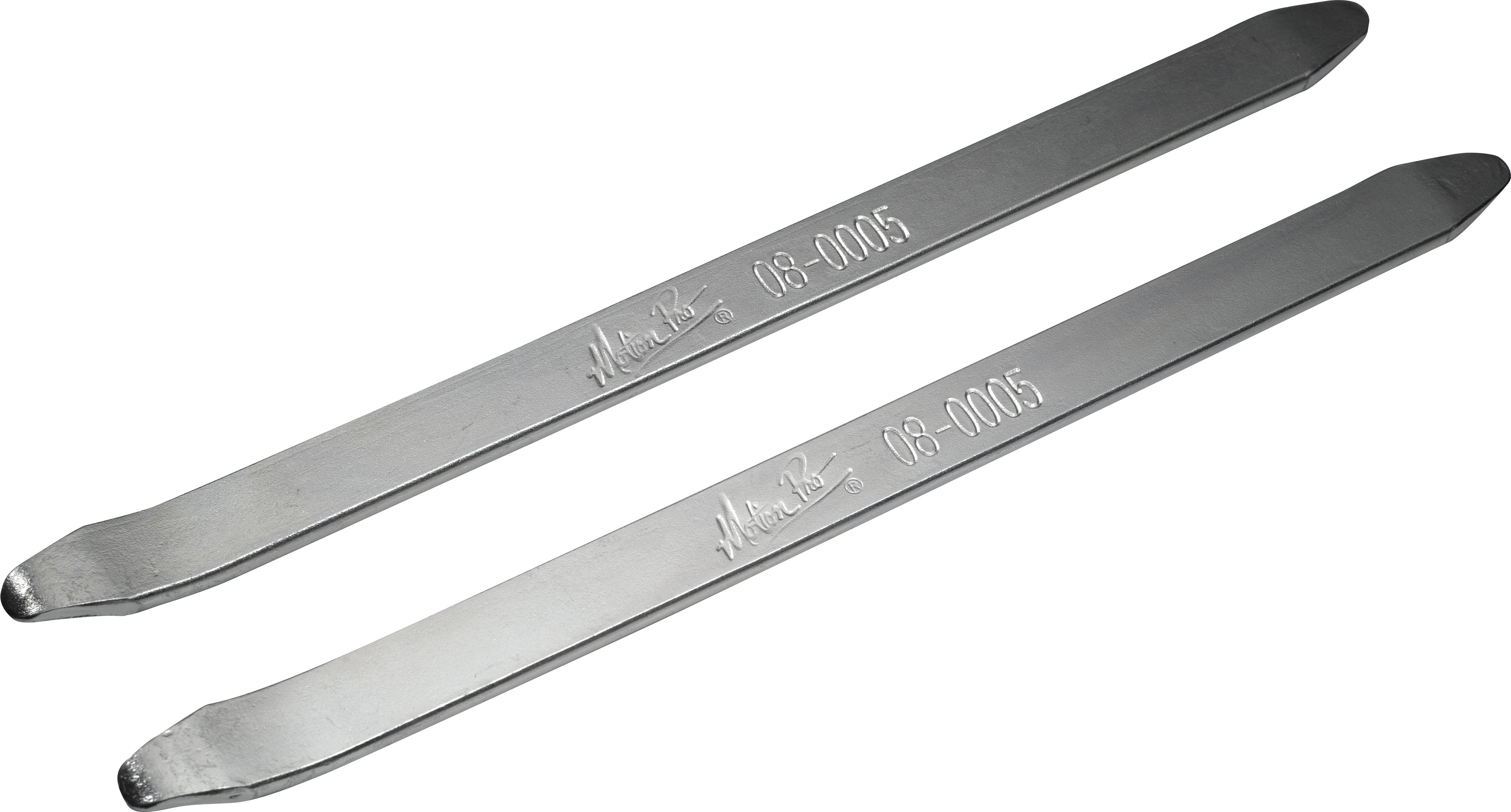 Two 11 inch steel tyre irons on a white background