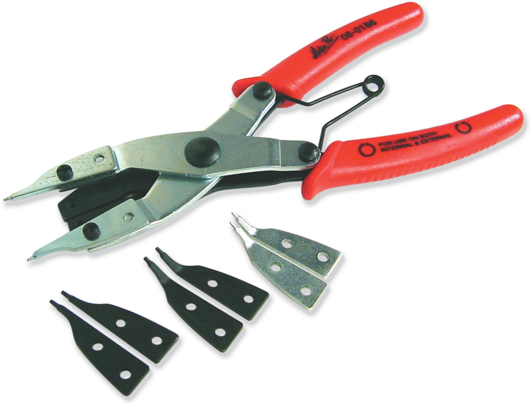 Snap ring pliers with ergonomic handles and a precision tip for easy snap ring installation and removal.