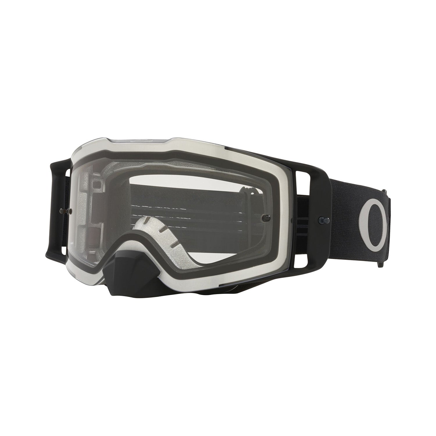 Oakley Front Line MX Goggle in Tuff Blocks Gunmetal with Clear Lens on white background.