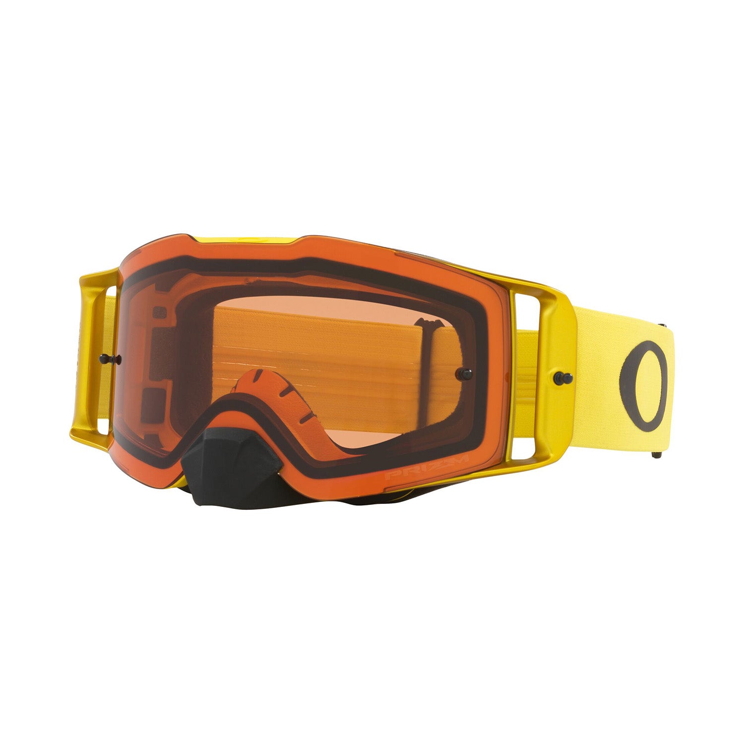 Oakley Front Line MX Goggle in Moto Yellow with Prizm Bronze Lens on white background
