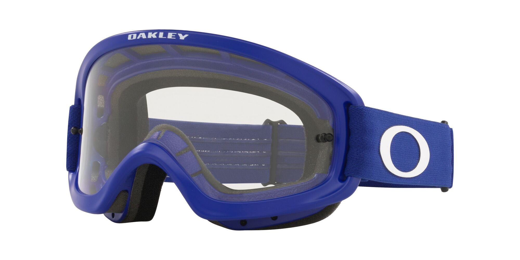 Oakley O Frame 2.0 Pro XS MX Goggle in Moto Blue with Clear Lens on White Background