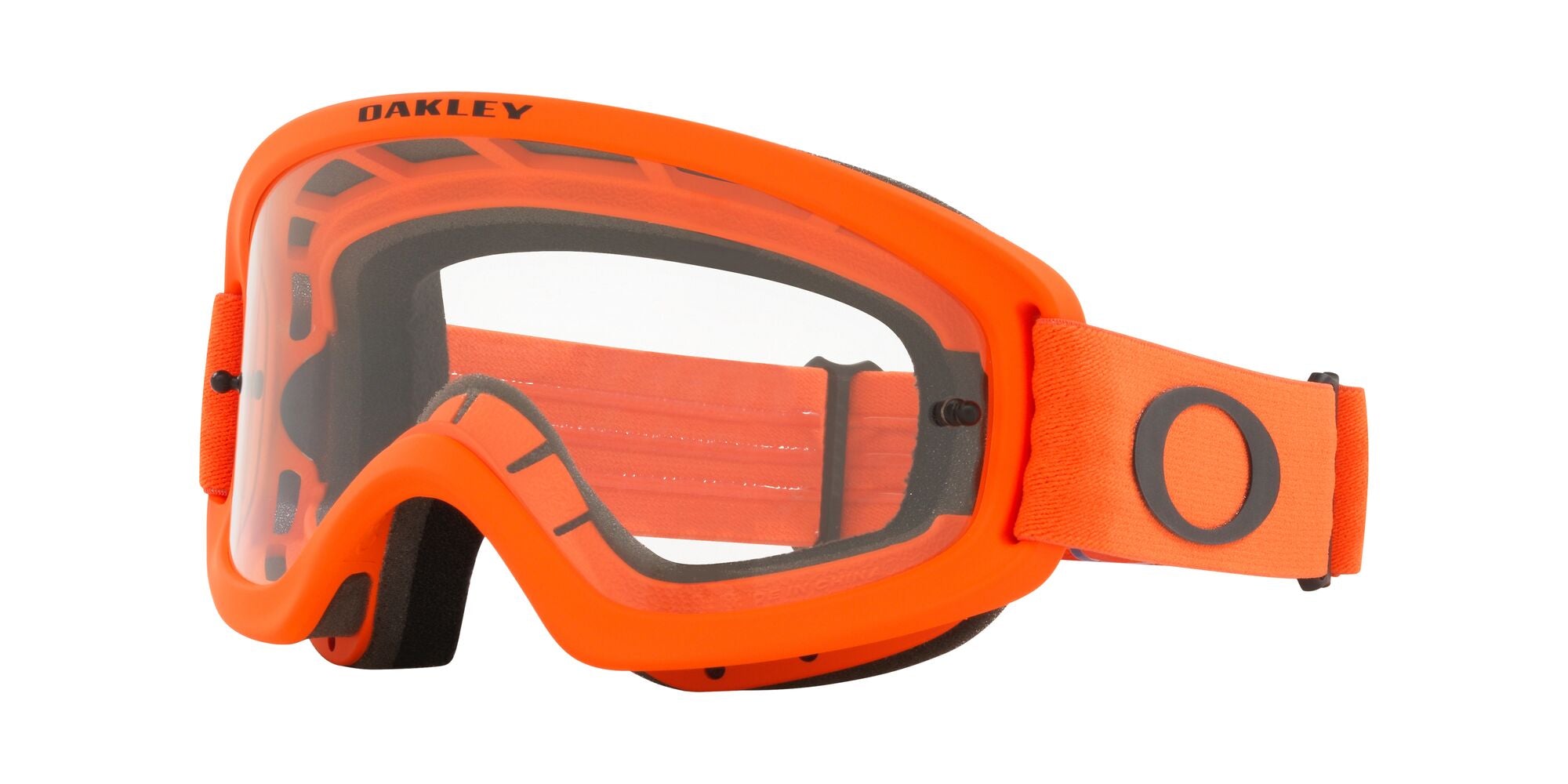 Oakley O Frame 2.0 Pro XS MX Goggle in Moto Orange with Clear Lens on White Background