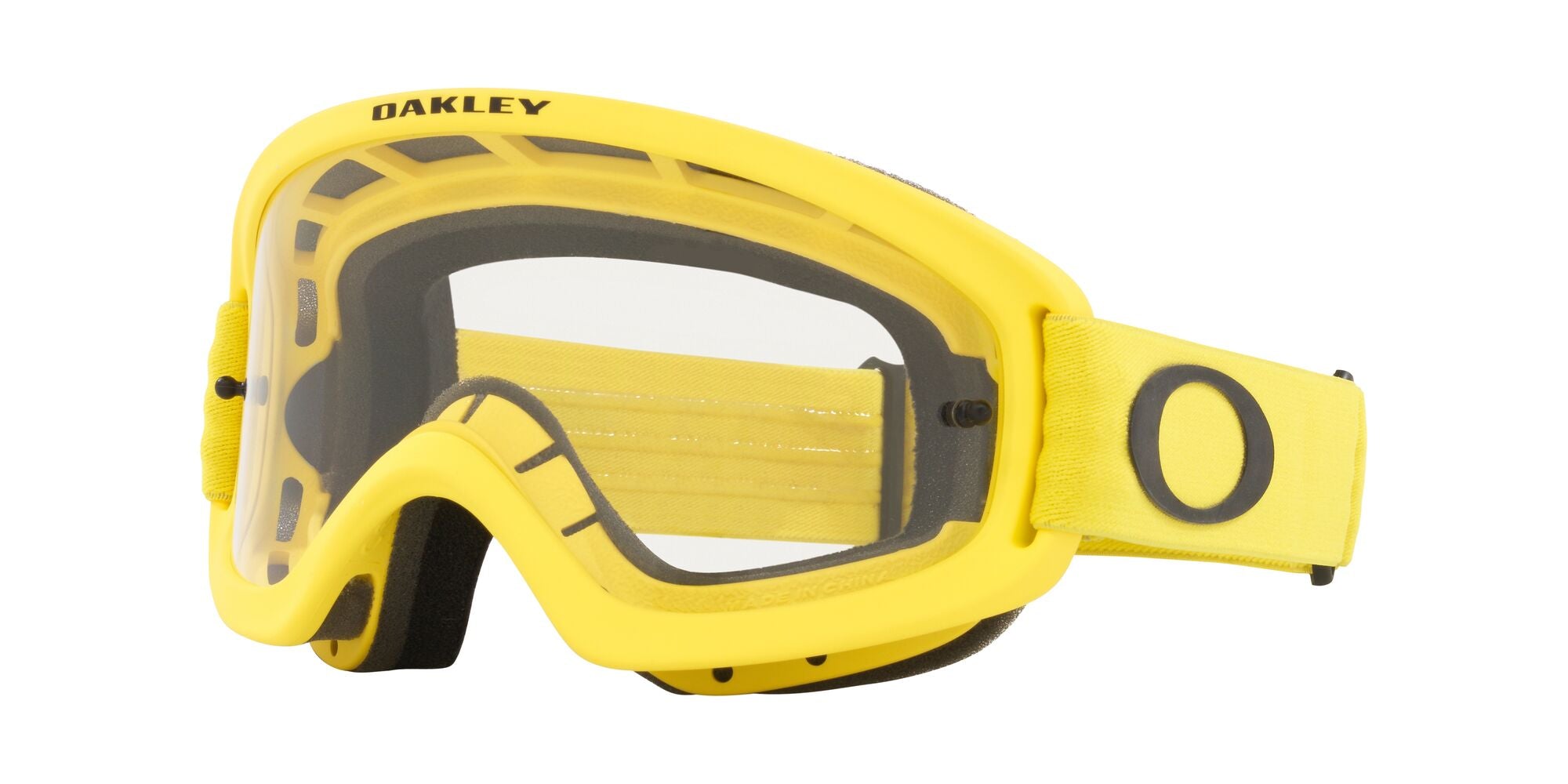 Oakley O Frame 2.0 Pro XS MX Goggle in Moto Yellow with Clear Lens on White Background