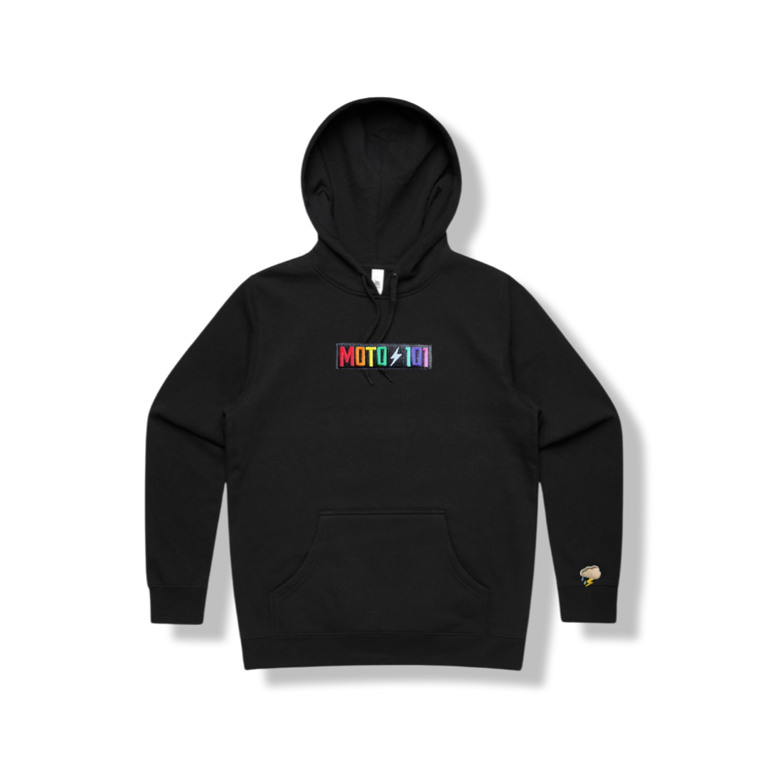Rainbow Hoodie in Black with vibrant rainbow stripes on the sleeves