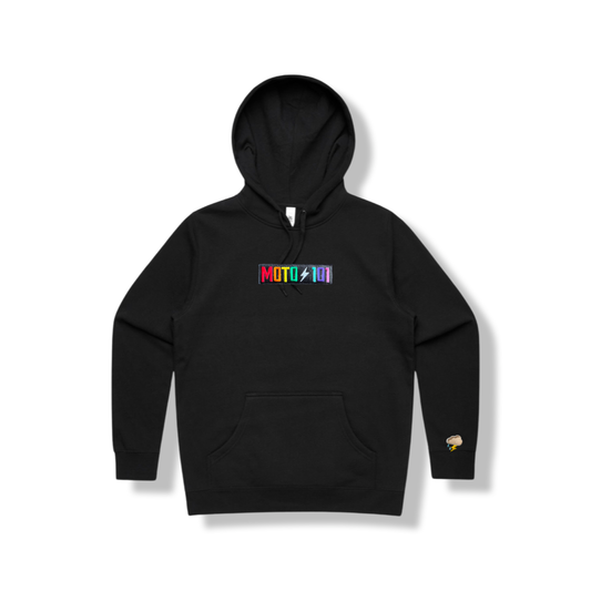 Rainbow Hoodie in Black with vibrant rainbow stripes on the sleeves