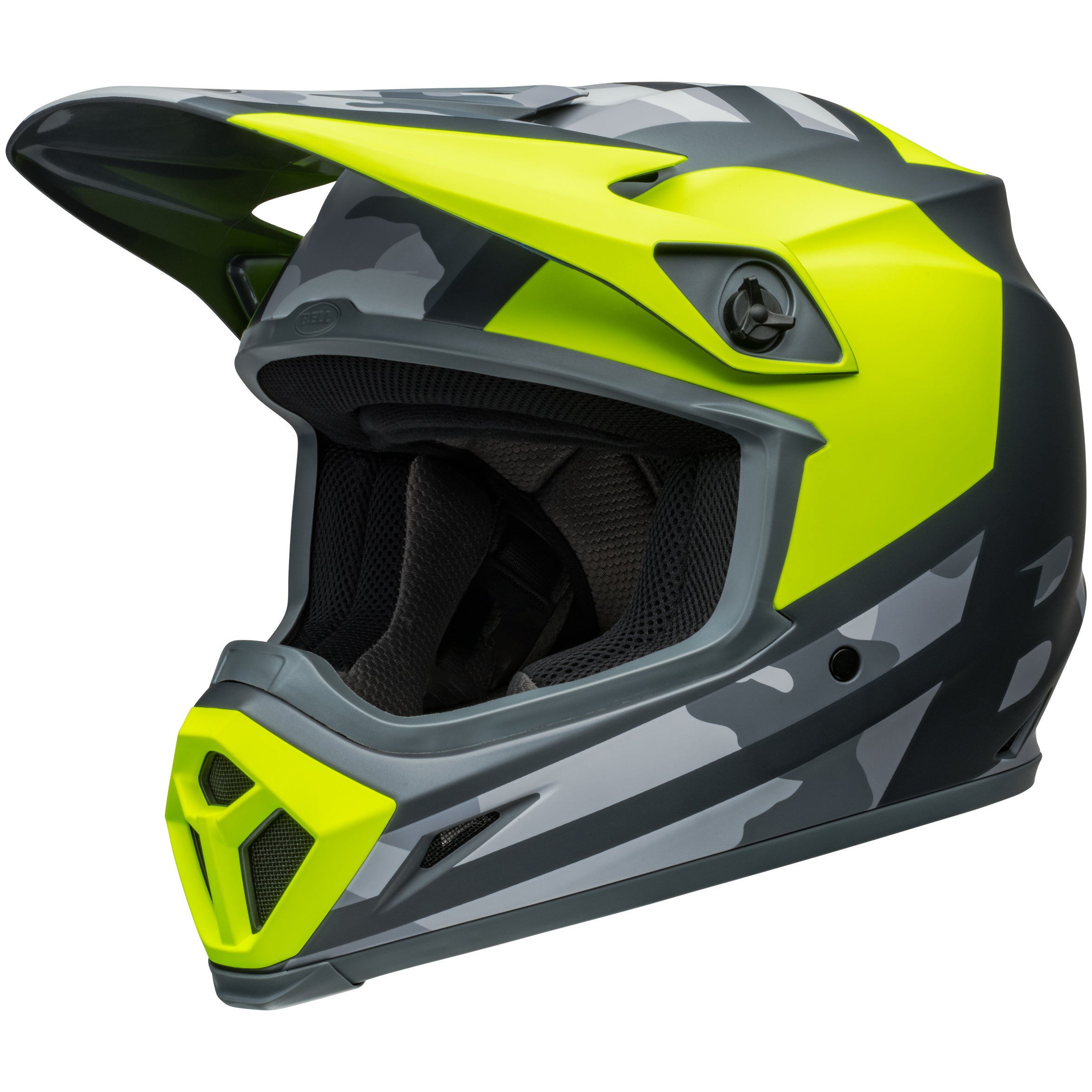 Bell MX 2024 MX-9 Mips Adult Helmet in Alter Ego Hi-Viz/Camo design, ECE6 certified, side view
