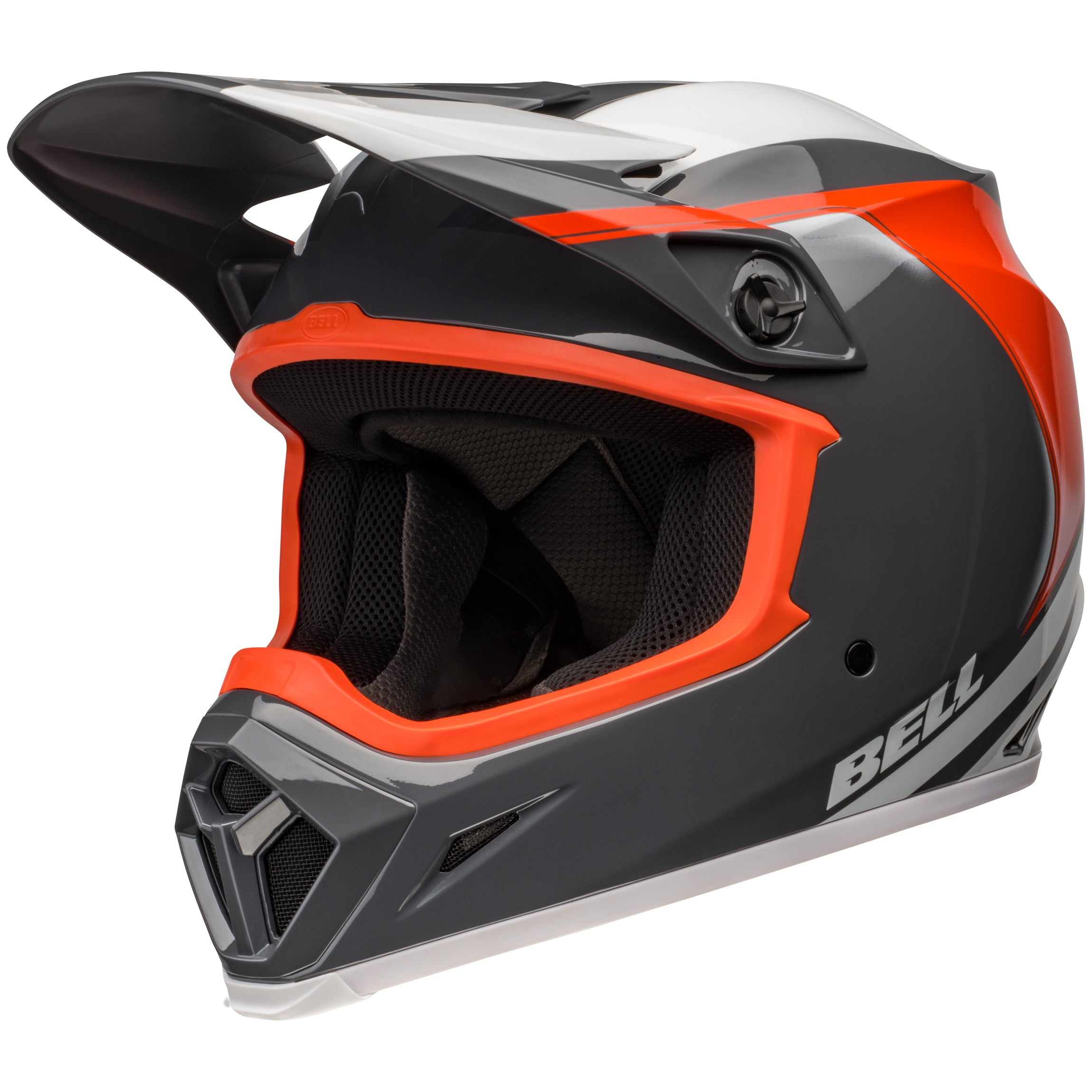 Bell MX 2024 MX-9 Mips Adult Helmet in Dart Charcoal and Orange design, featuring ECE6 certification.