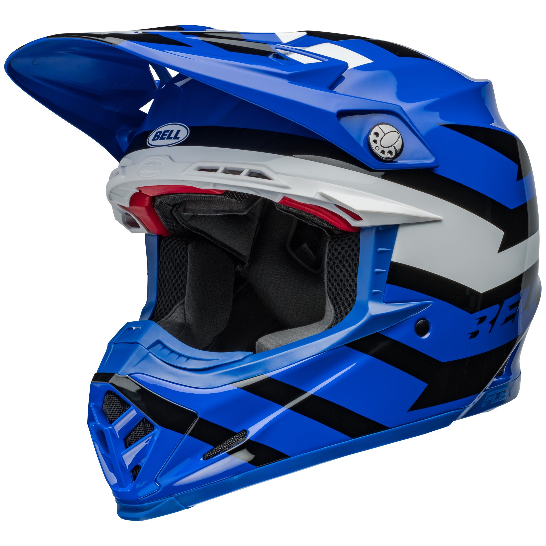 Bell MX 2024 Moto-9S Flex Adult Helmet in Banshee Blue and White, ECE6 certified, side and top views