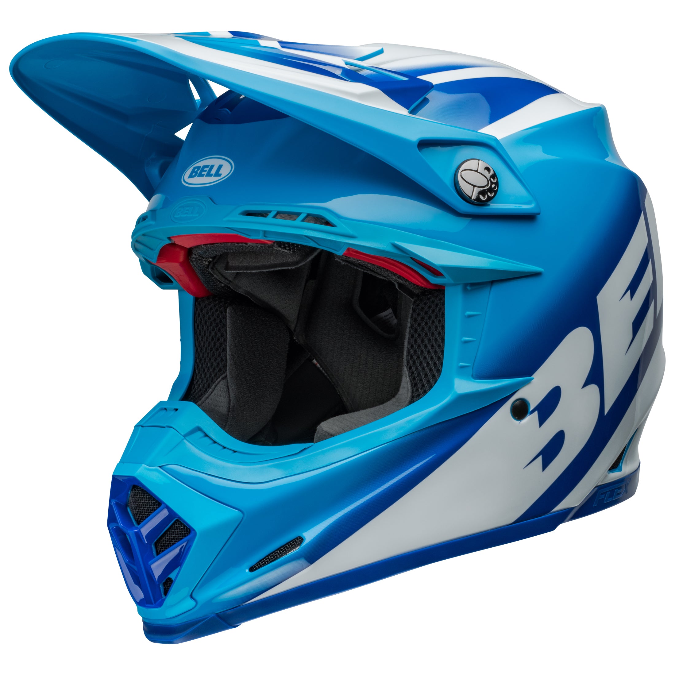 Bell MX 2024 Moto-9S Flex Adult Helmet in Rail Blue and White, ECE6 certified, side and top view