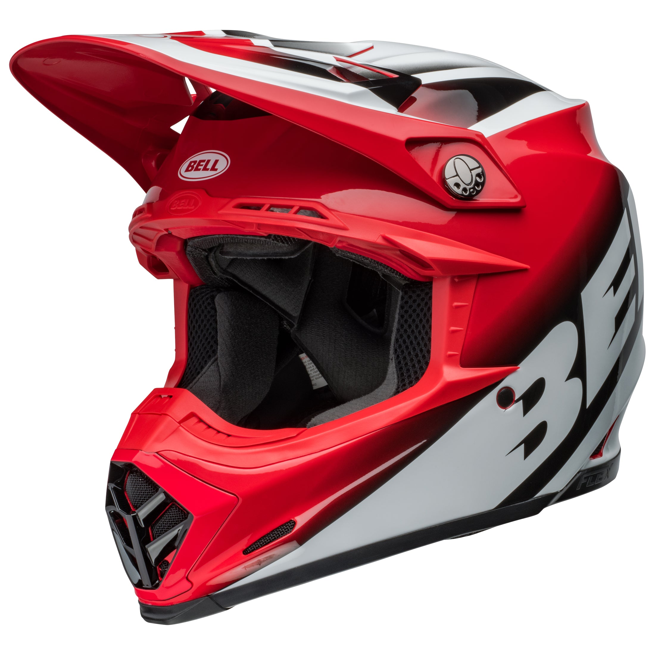 Bell MX 2024 Moto-9S Flex Adult Helmet in Rail Red/White, ECE6 certified, side and top view