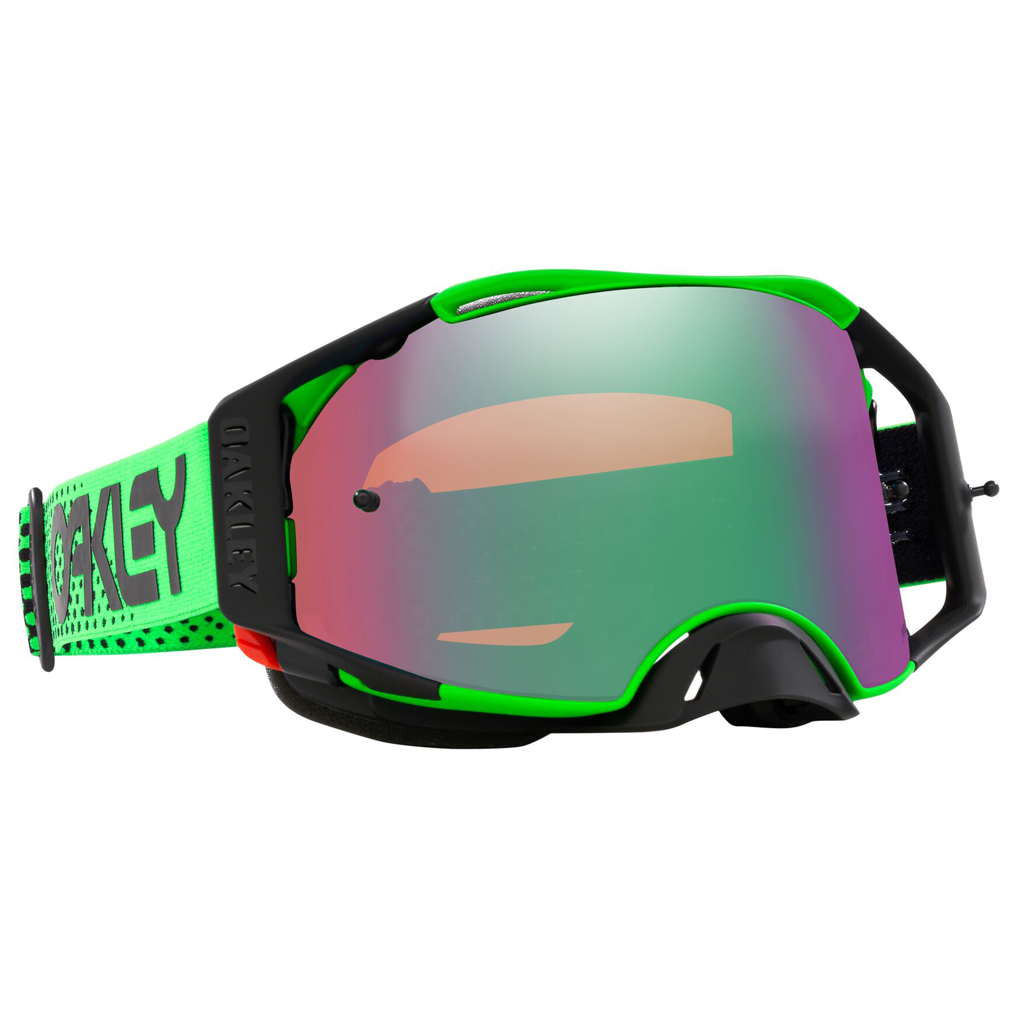 Oakley Airbrake MX Goggle in Moto Green with Prizm MX Jade Lens on white background
