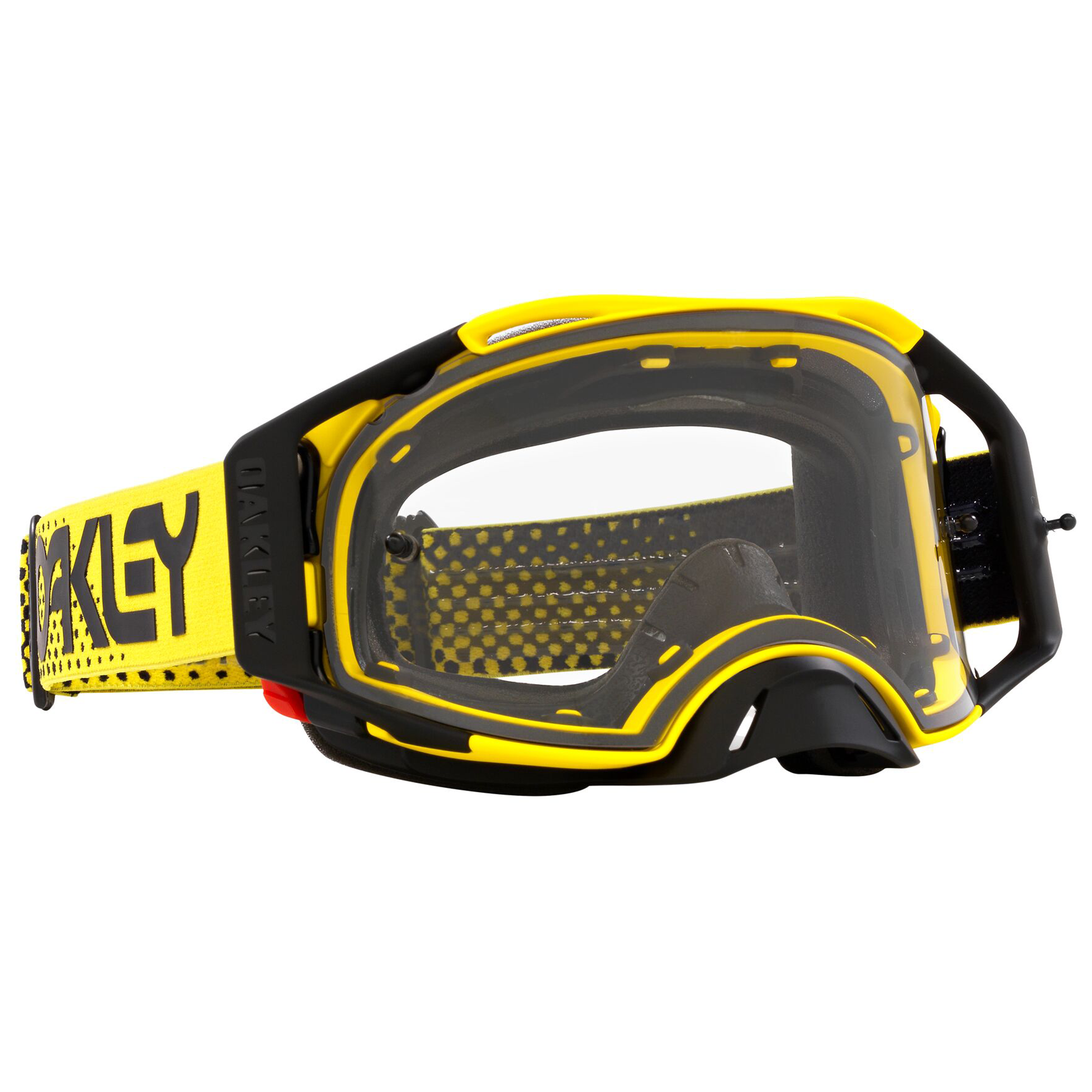 Oakley Airbrake MX Goggle in Moto Yellow with Clear Lens on White Background