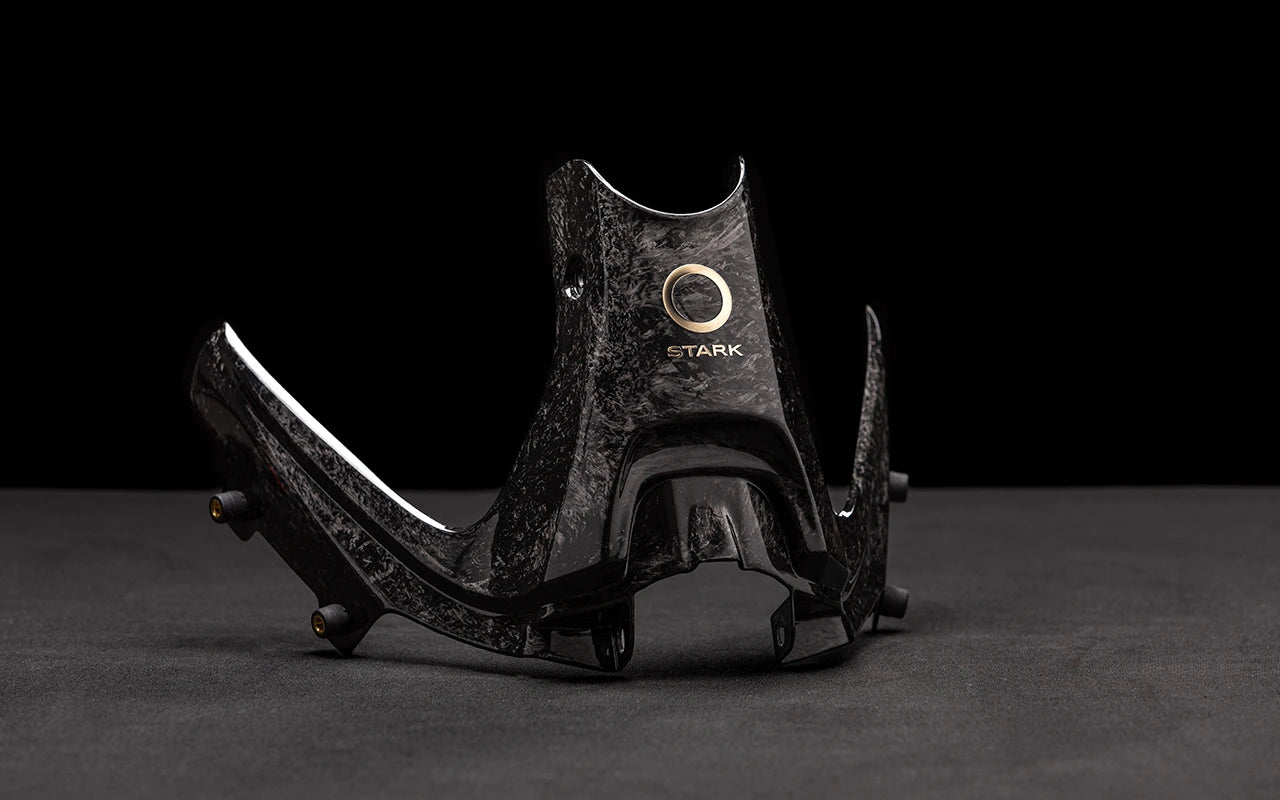 Carbon fiber subframe featuring logo detail on sleek, durable design