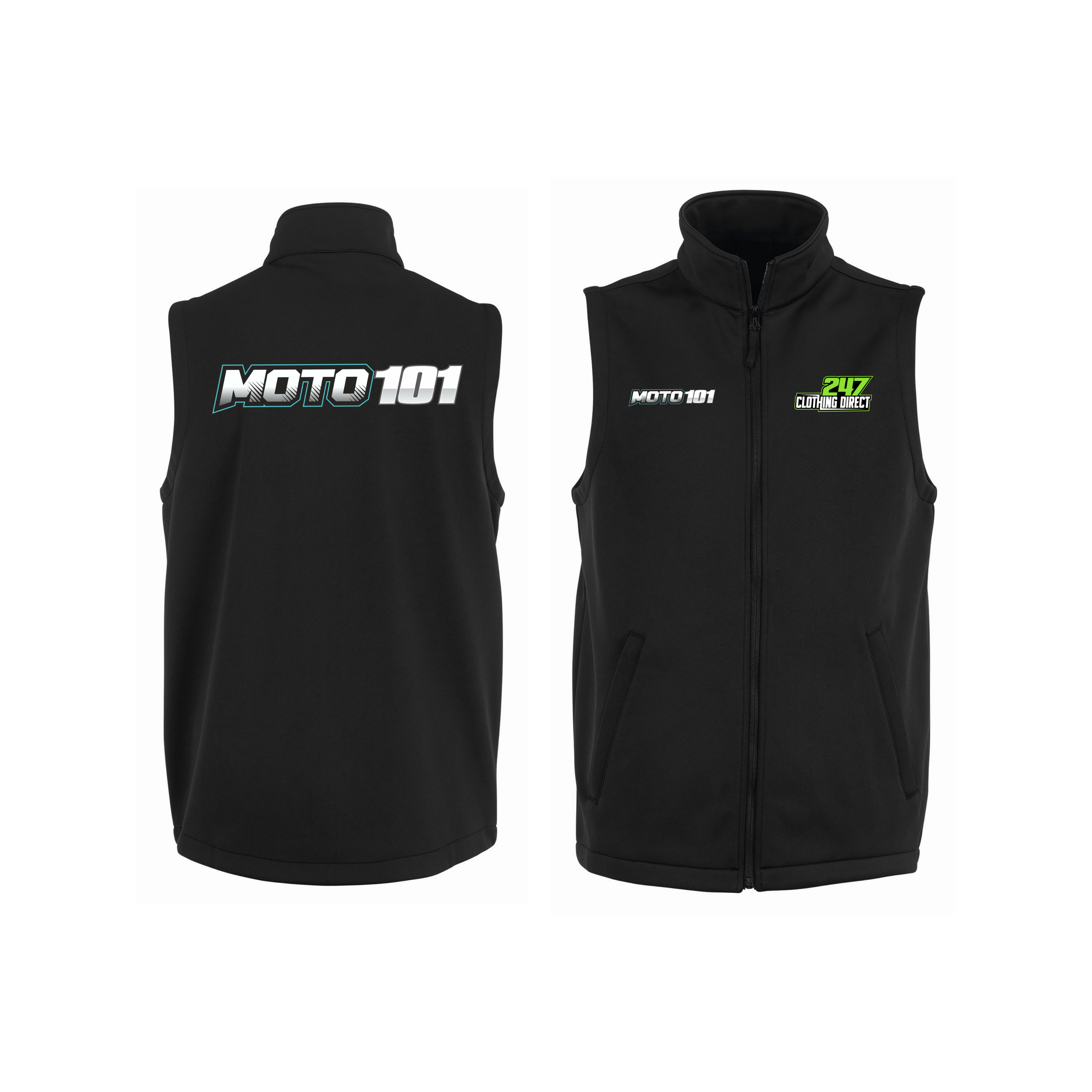 Moto101 Gilet in sleek black with zippered pockets and adjustable waistband on model