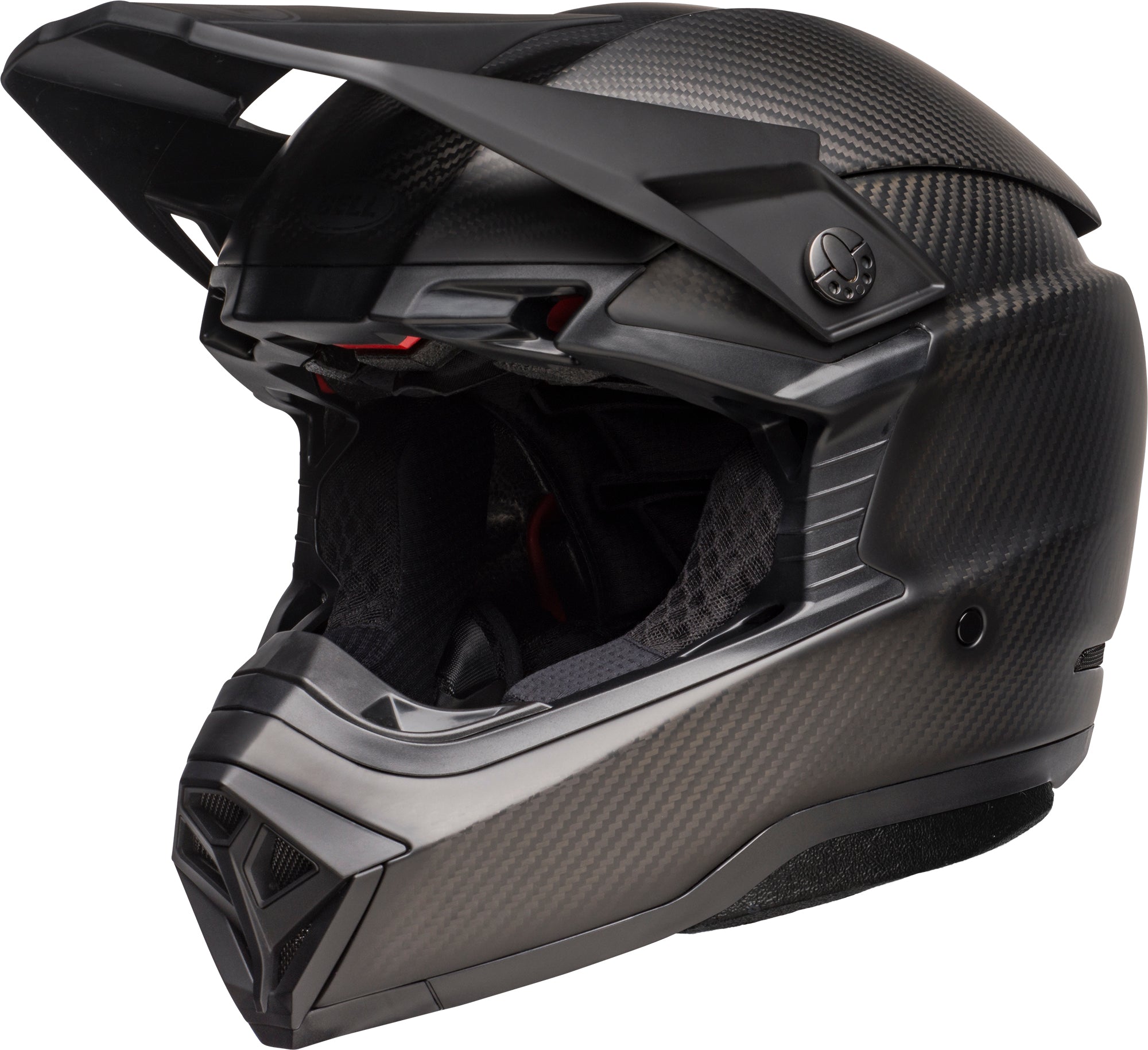 Bell MX 2023 Moto-10 Spherical MIPS Adult Helmet in Matte Black Carbon, angled view showing detailed design and features